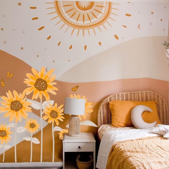 Motif Wallpaper Kamar Tidur Kombinasi Sunflower & Sun
